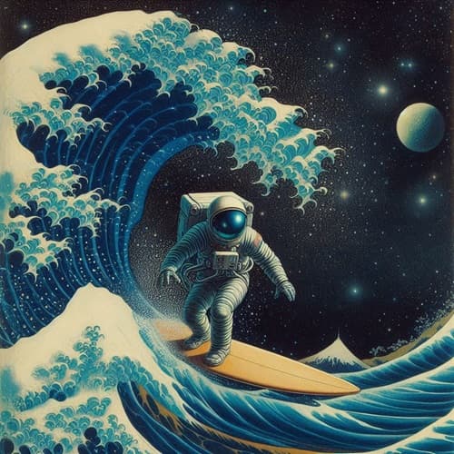 Image of a man surfing in space.